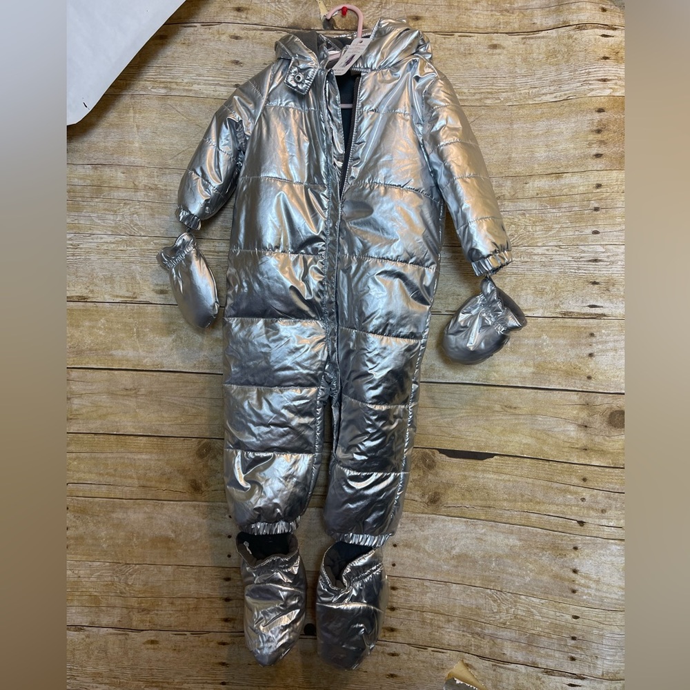 Gymboree Silver Metallic Puffer Snowsuit with Mittens